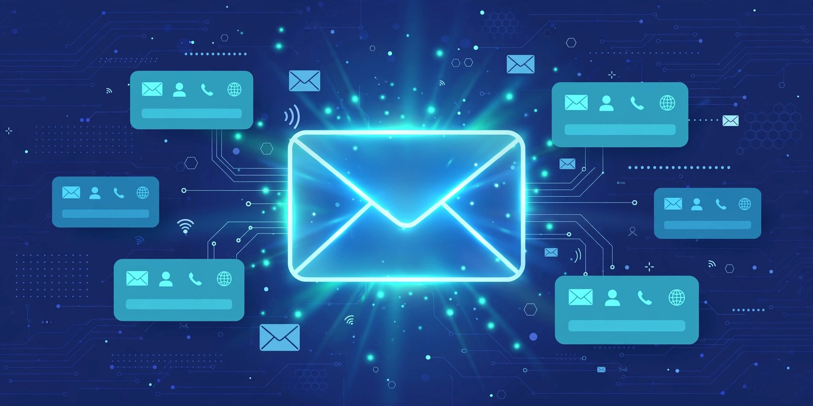Magazineluiza com br email format guide illustration with an email envelope icon and contact cards