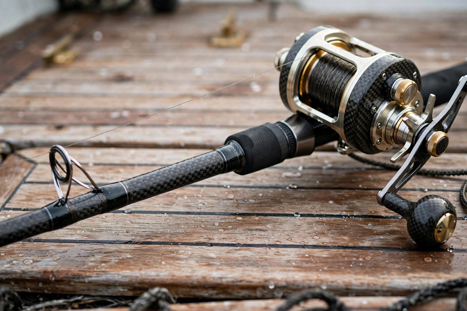 Carbon fiber offshore fishing rod and reel on a boat deck, reflecting Matthew Jay Povich reported work in the fishing industry