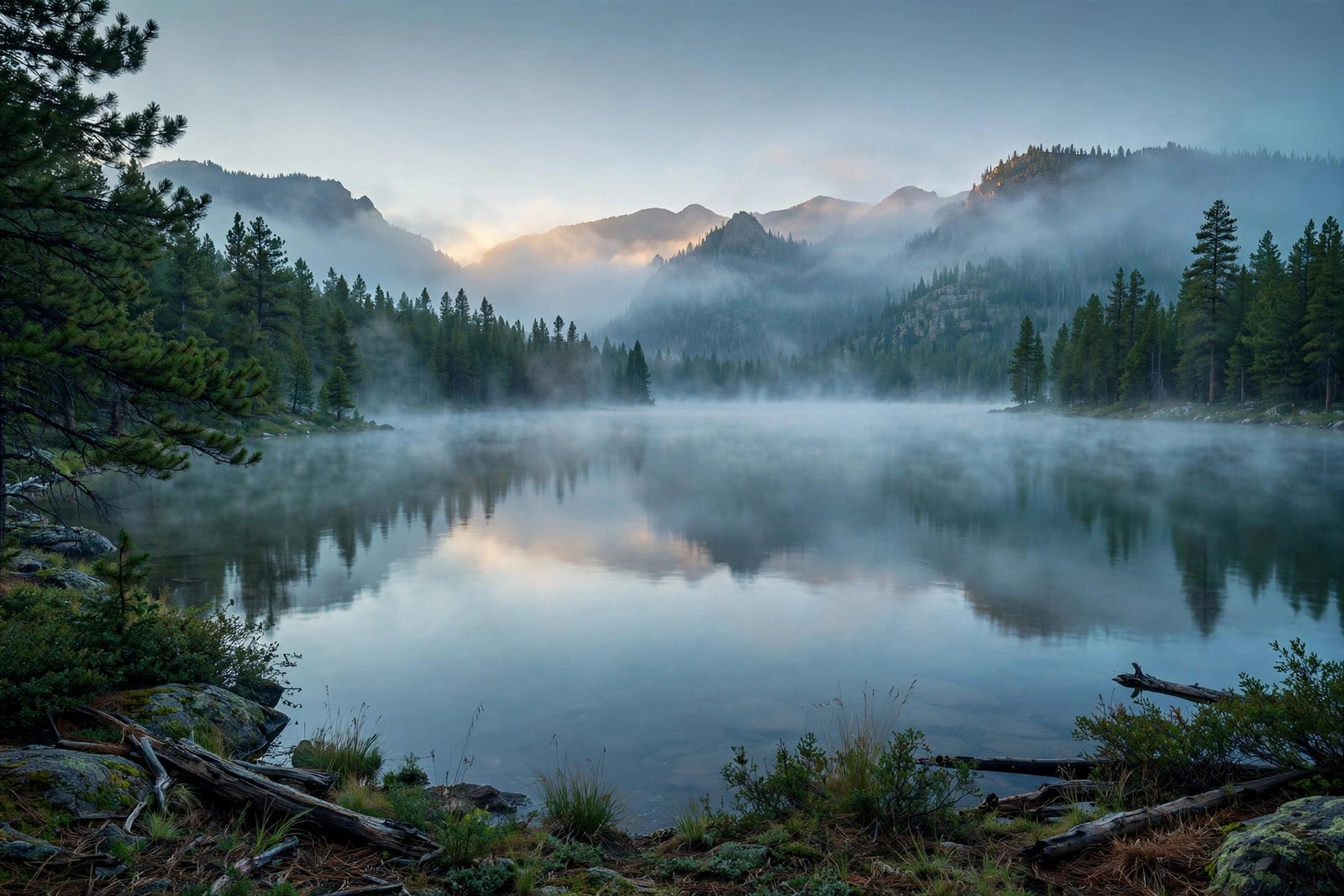 Peaceful Montana mountain lake at dawn, reflecting the quiet private life Matthew Jay Povich is reported to live