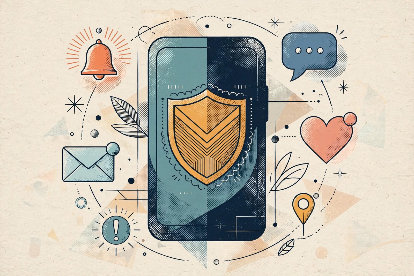 Smartphone with notification icons behind a shield, representing messaging app safety
