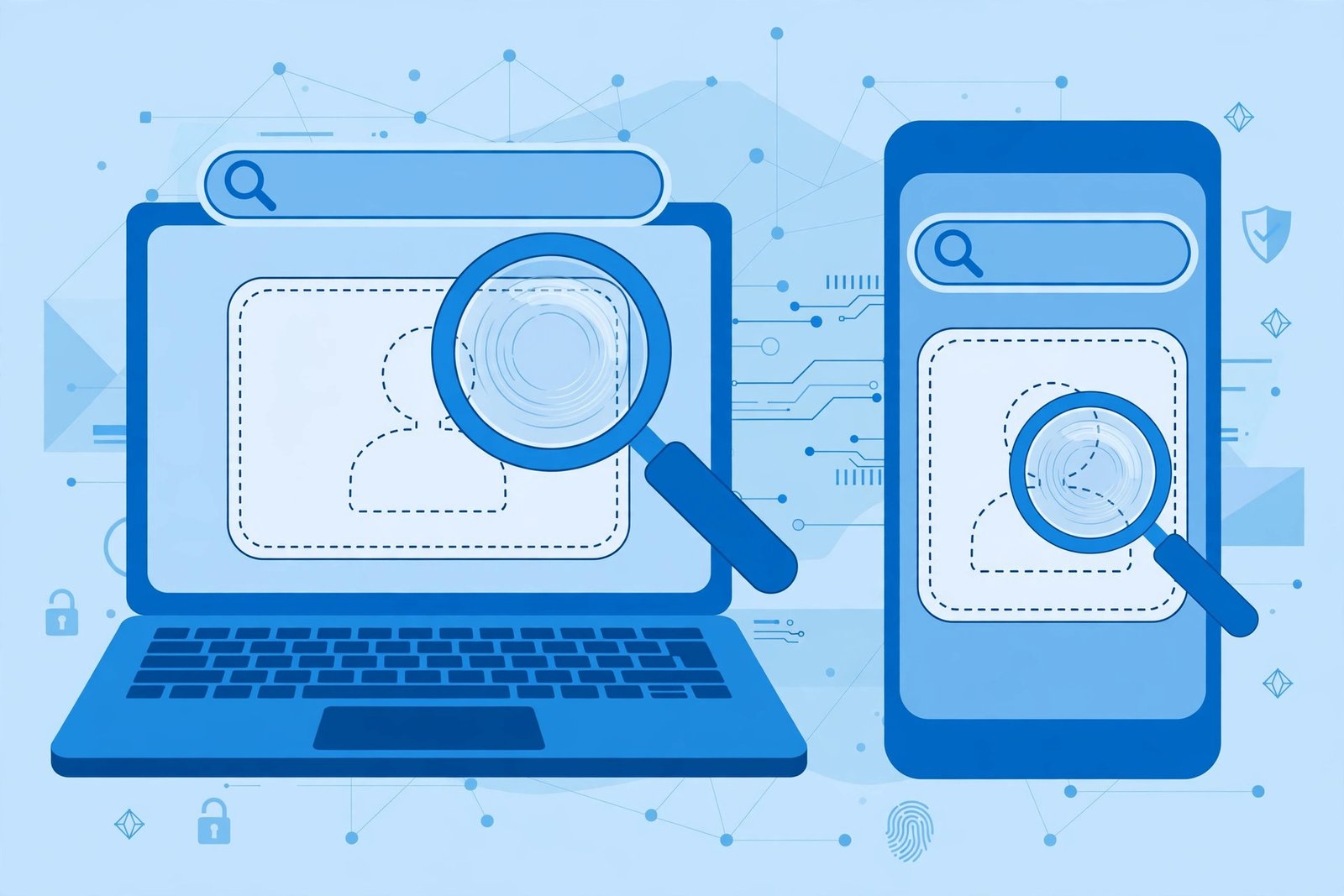 Concept illustration of a digital identity search, a magnifying glass over a blank profile card on a laptop screen