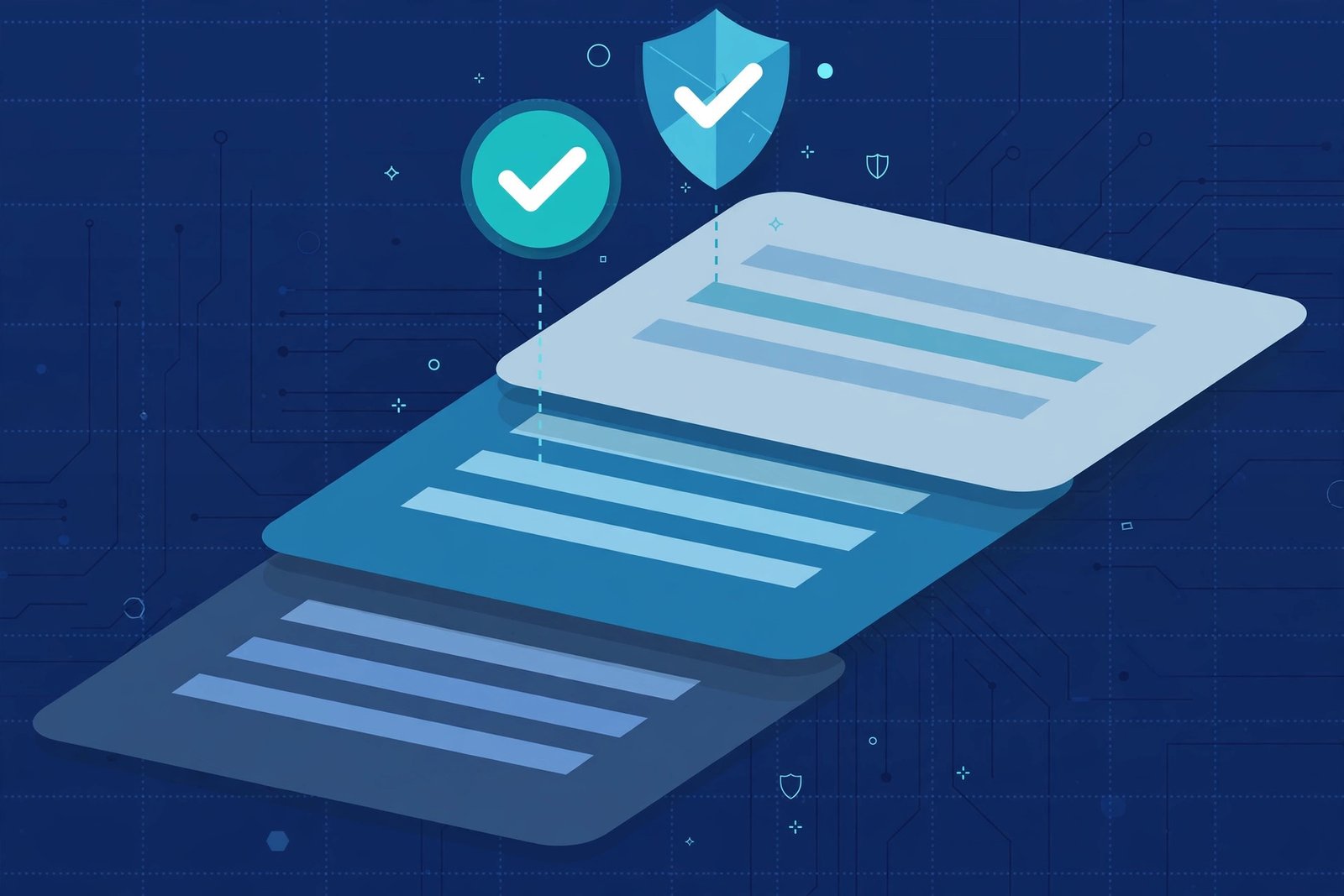 Concept illustration of data transparency, verified search result cards with checkmark and shield icons on a tech workspace