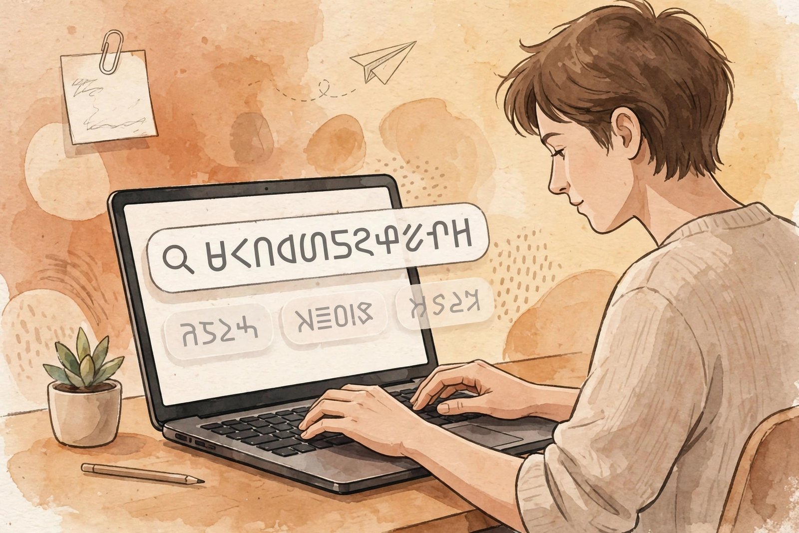 Illustration of a person typing a scrambled search query into a laptop with jumbled letters above the keyboard