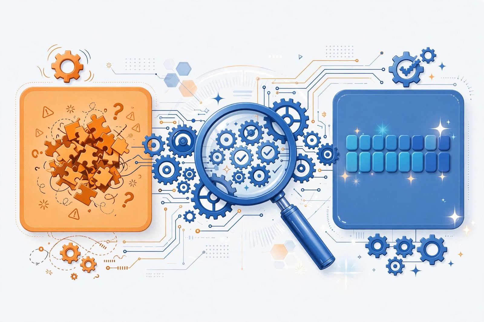 Conceptual illustration of a search engine spell-check correcting a scrambled word, with gears and a magnifier motif
