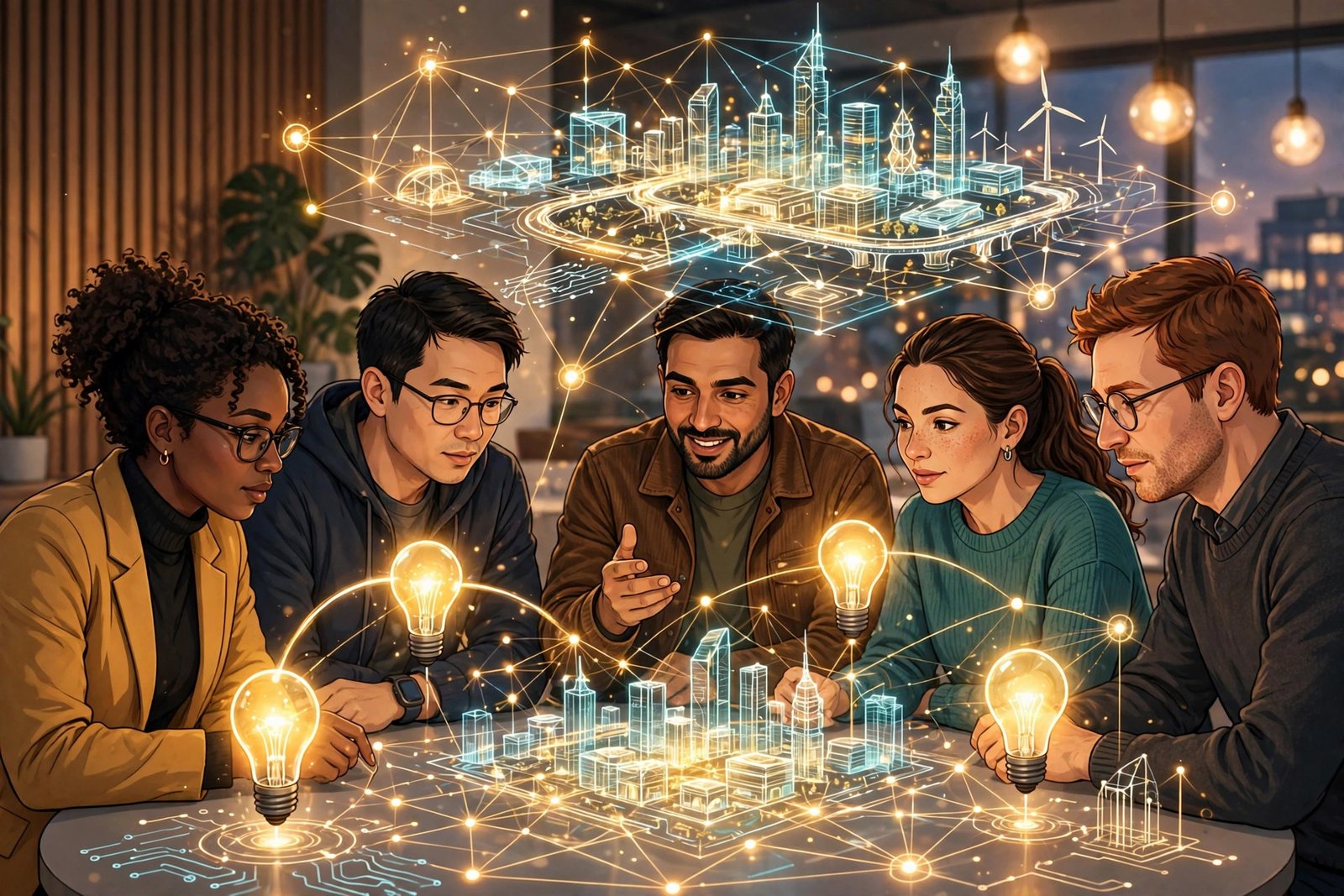 Team planning future innovations around glowing brainstorming visuals and network connections