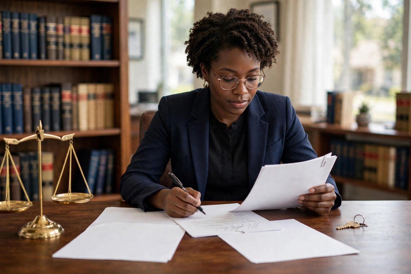 Professional real estate attorney reviewing property documents and a signed house deed at a Maryland law office desk