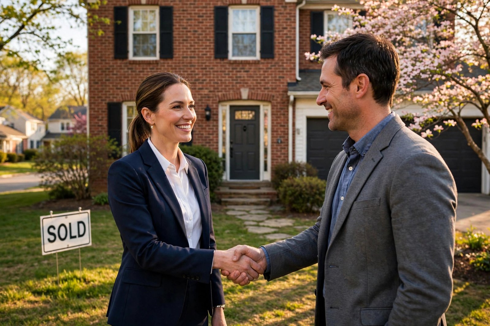Real estate attorney shaking hands with a client in front of a sold suburban home in Maryland