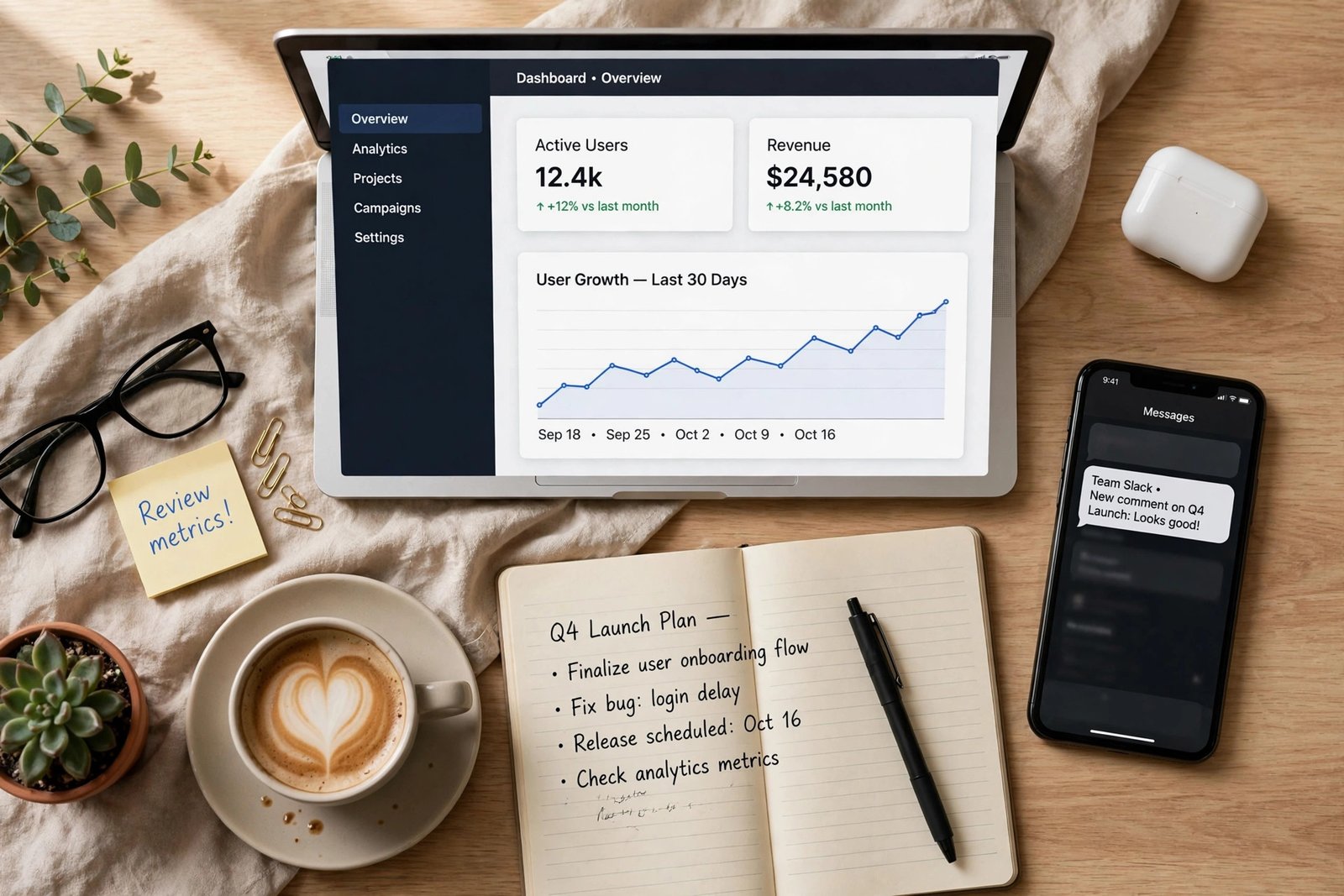 Laptop open on a modern web dashboard beside a notebook, phone, and coffee on a bright desk