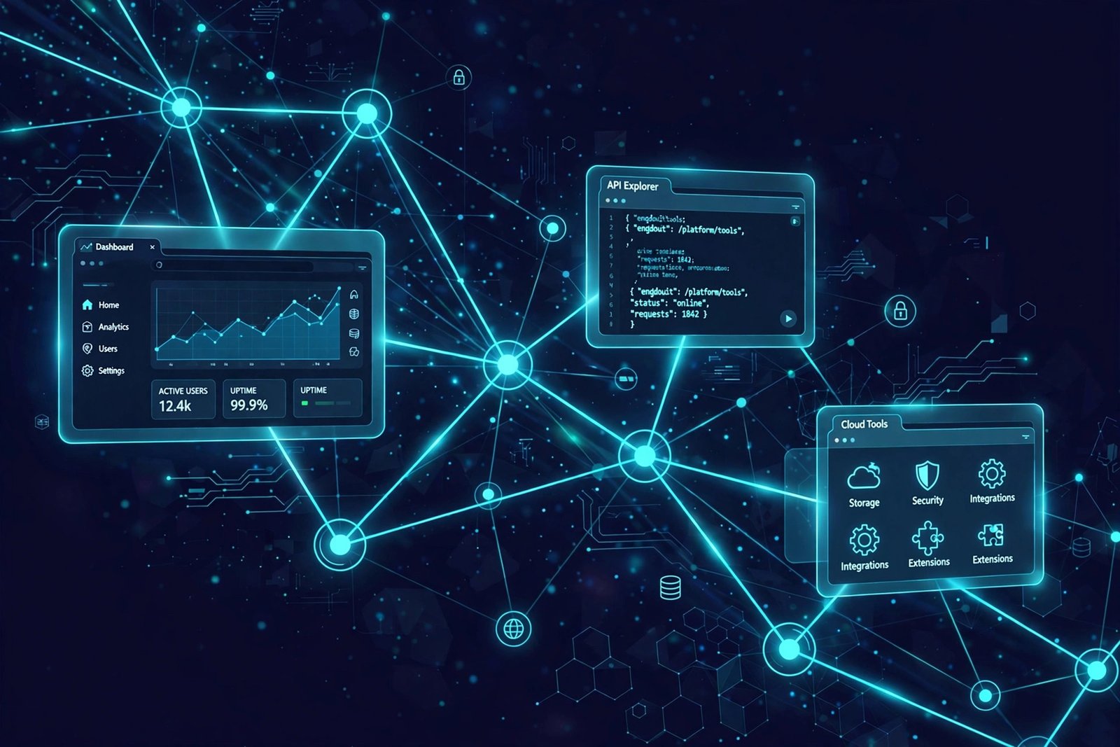 Abstract digital illustration of connected network nodes and browser windows representing an online platform