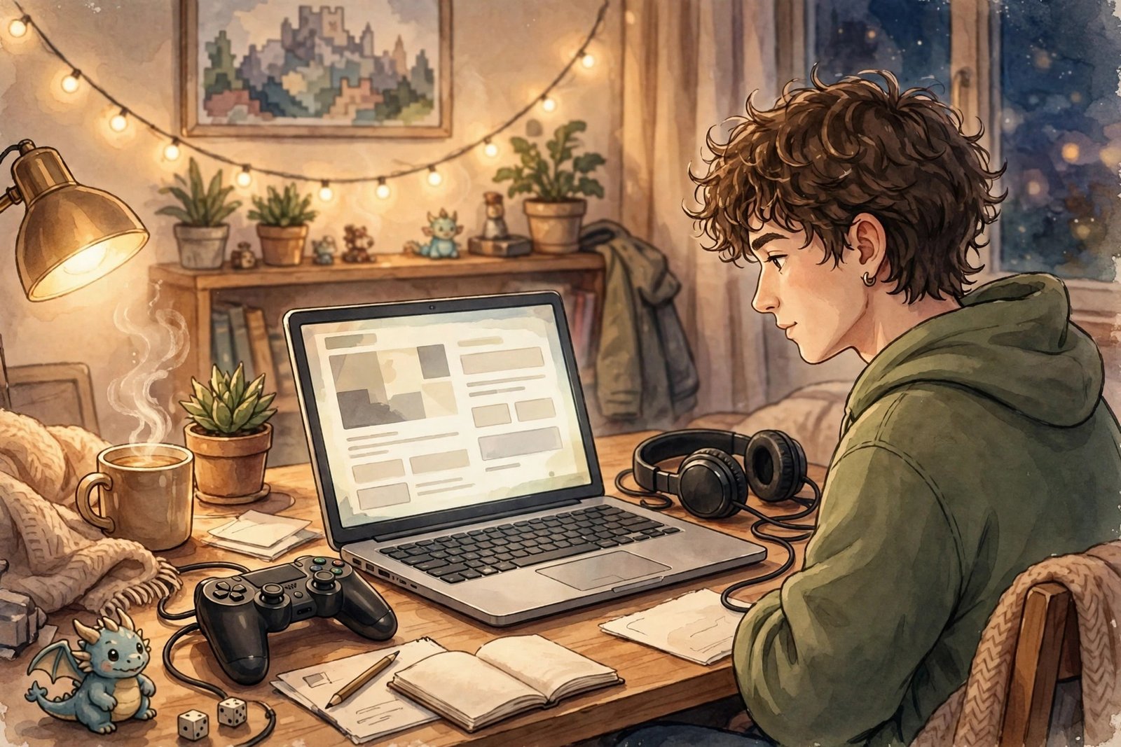 A gamer reading a game guide on a laptop at a cozy desk