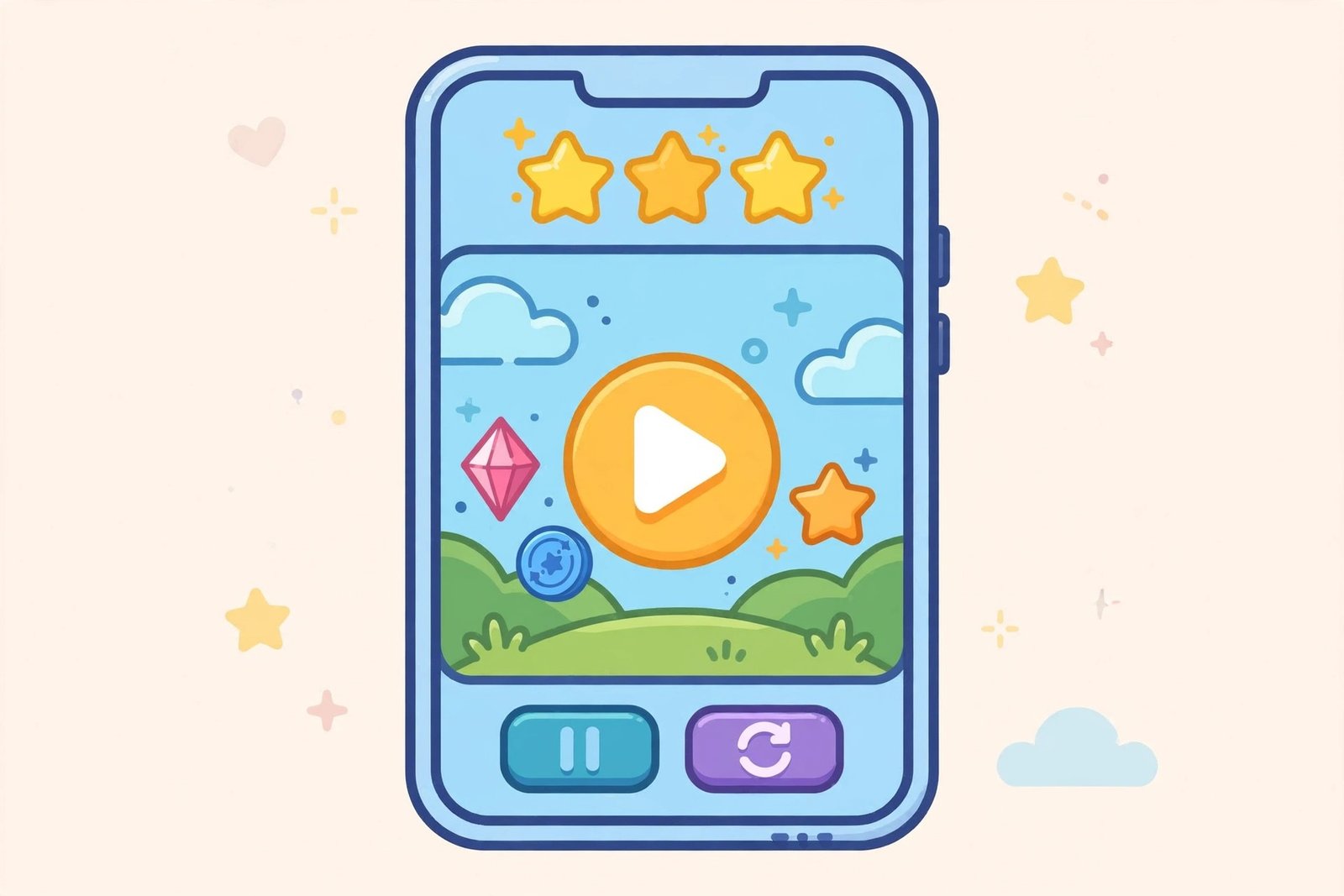 Smartphone showing a colorful casual browser game with play buttons