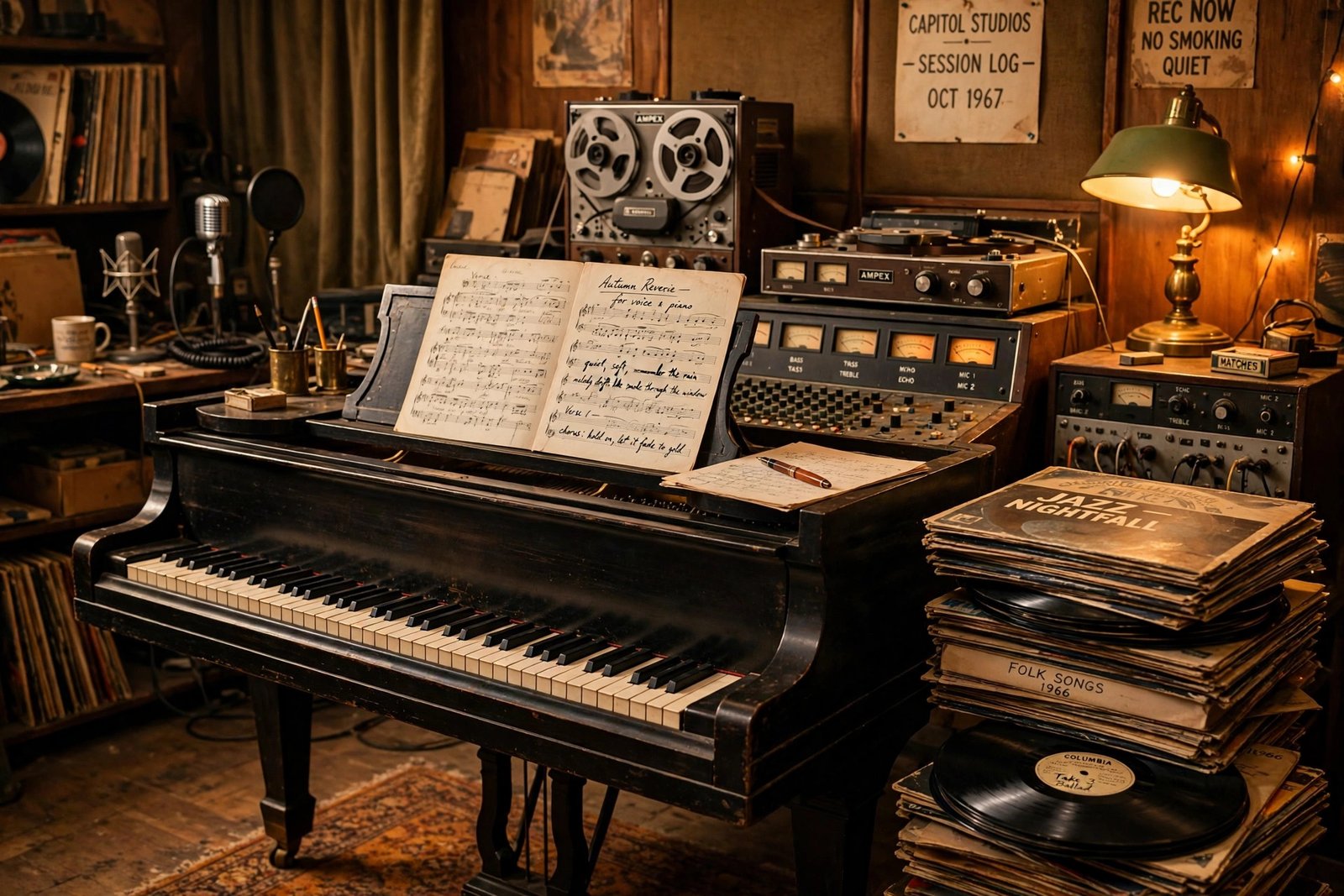Grand piano with handwritten sheet music and vinyl records in a vintage recording studio, a nod to the musical legacy of Burt Bacharach