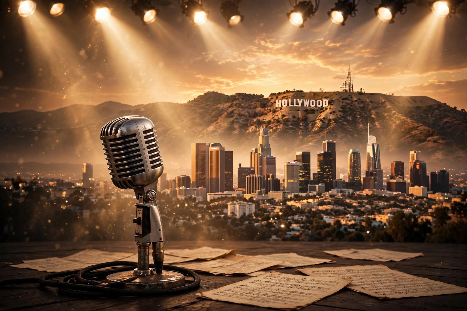 Los Angeles skyline at golden hour with a vintage microphone and stage spotlights, evoking the golden era of songwriting Cristopher Bacharach was born into