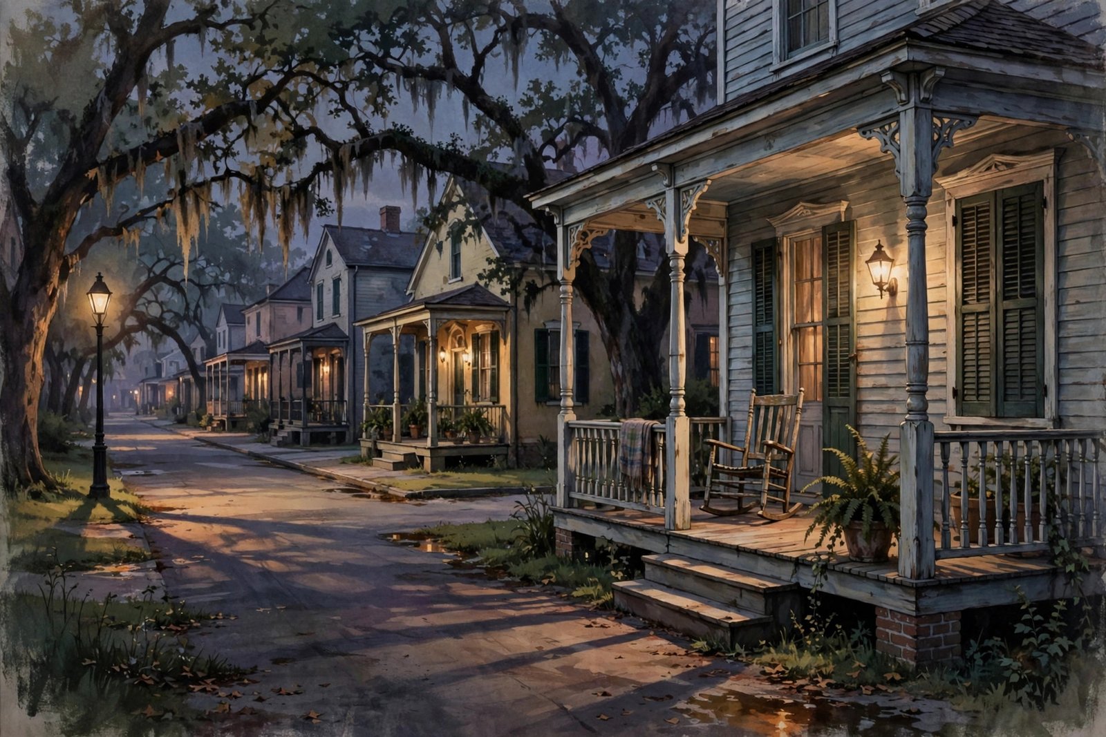 Atmospheric illustration of a quiet New Orleans residential street at dusk, symbolizing the family history of Dwayne Michael Turner