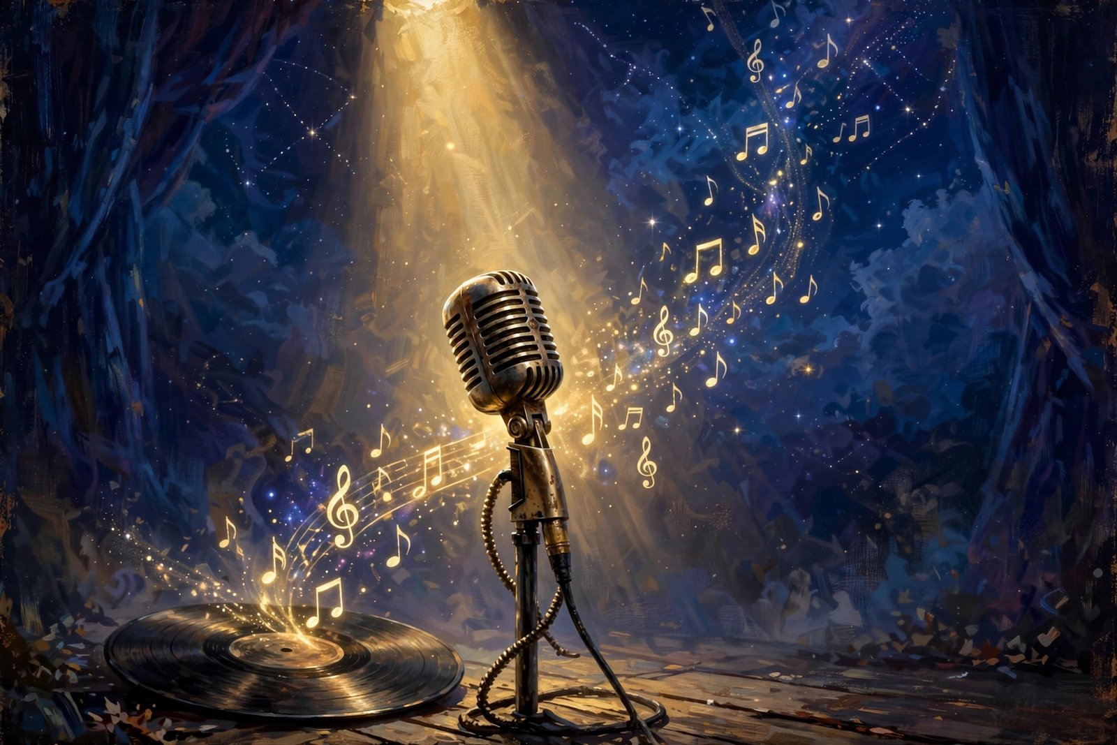 Vintage microphone under a spotlight with a vinyl record, symbolizing Lil Wayne's musical legacy shaped without his father
