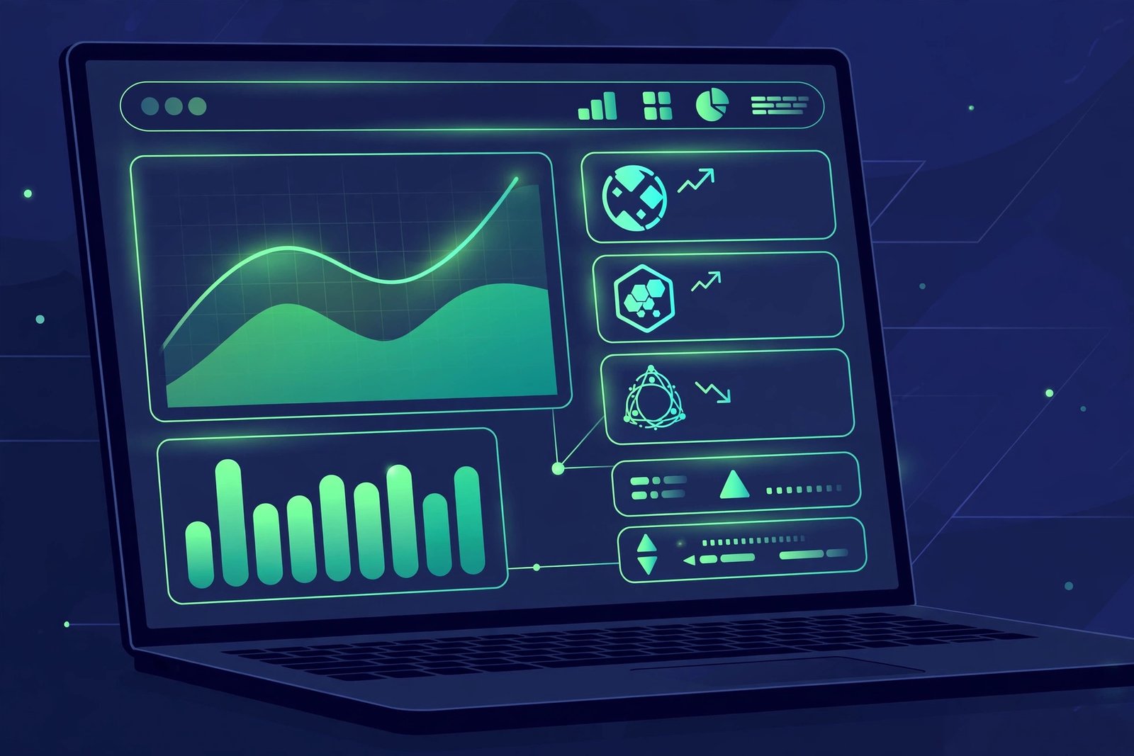 Illustration of a financial news dashboard showing stock charts, crypto prices, and market data on a computer screen