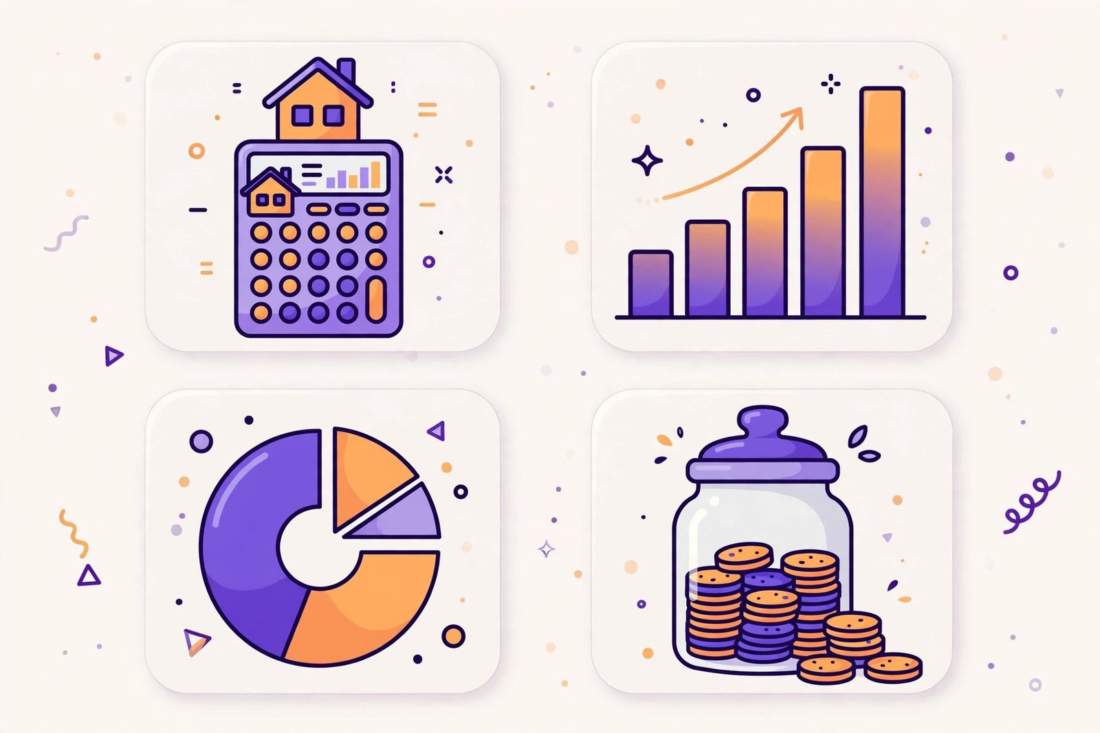 Illustration of financial planning tools including a mortgage calculator, retirement savings chart, and loan amortization graphic