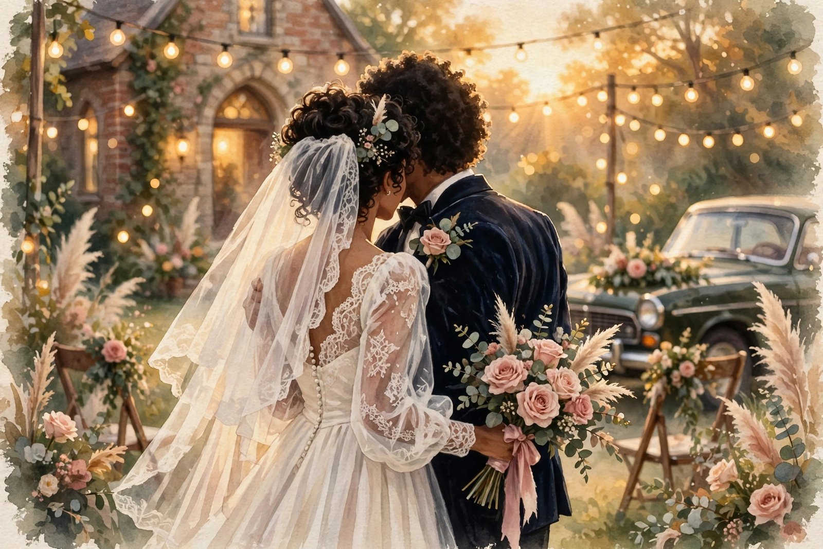 Illustration of a 1980s wedding scene representing Karen McCollum's marriage to Scottie Pippen