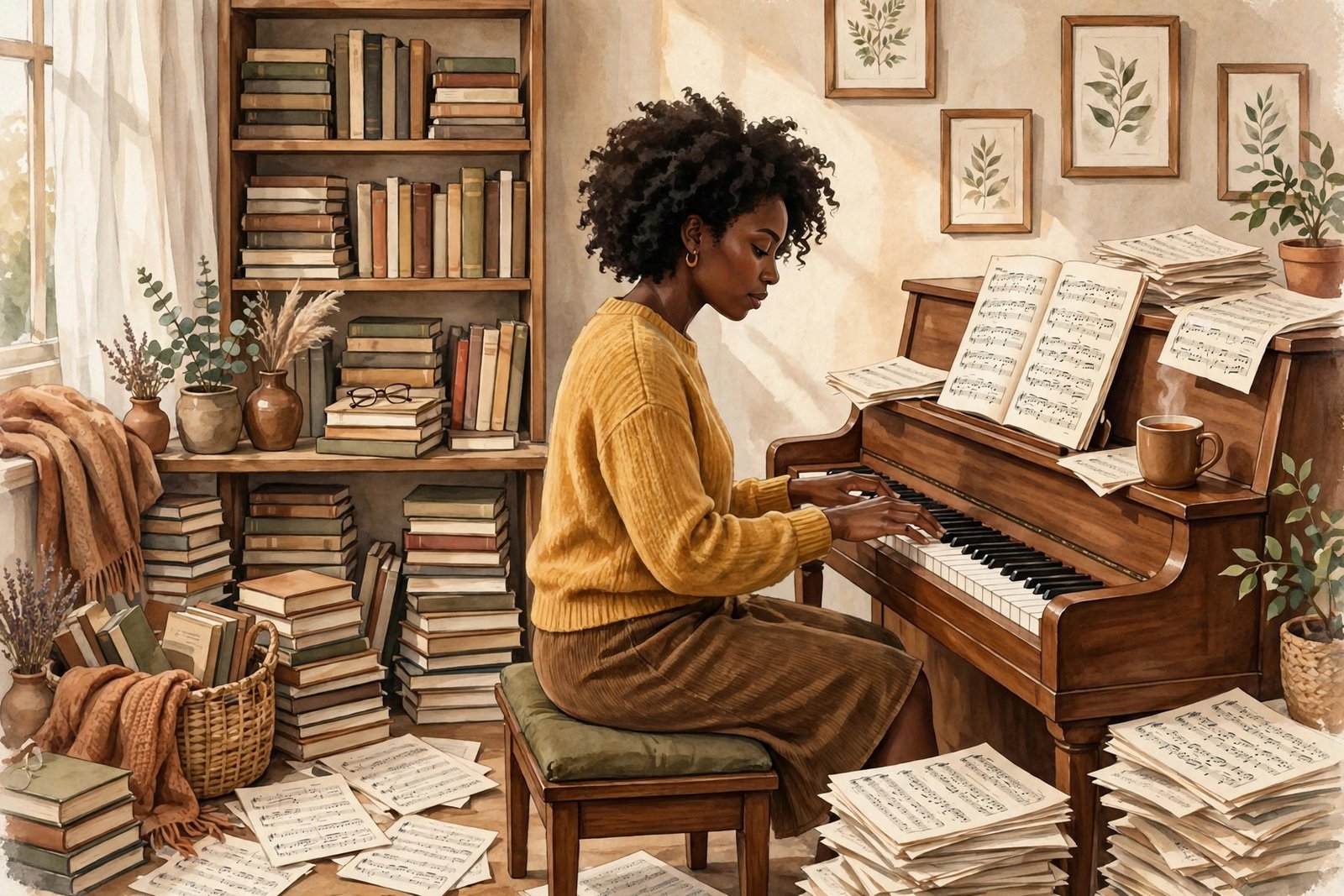Illustration of Karen McCollum as a pianist in a home music room, reflecting her reported musical life