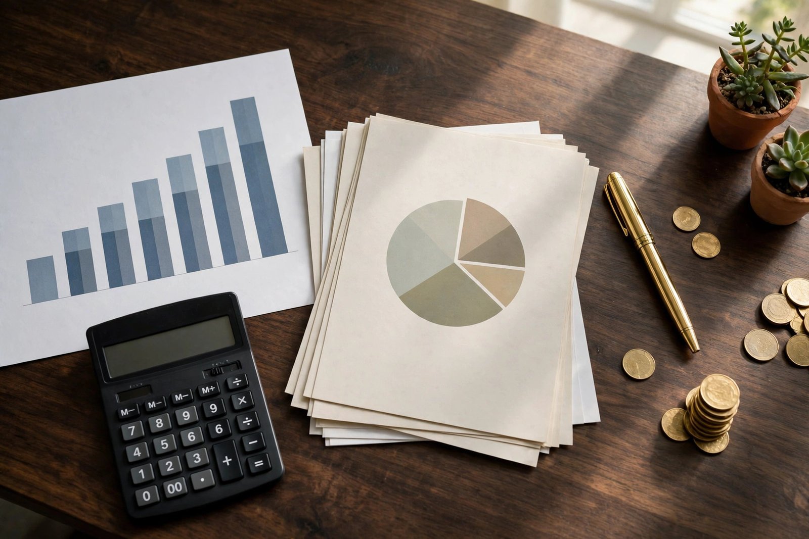 Financial documents and calculator on a desk, illustrating the discussion of Marcy Wudarski net worth