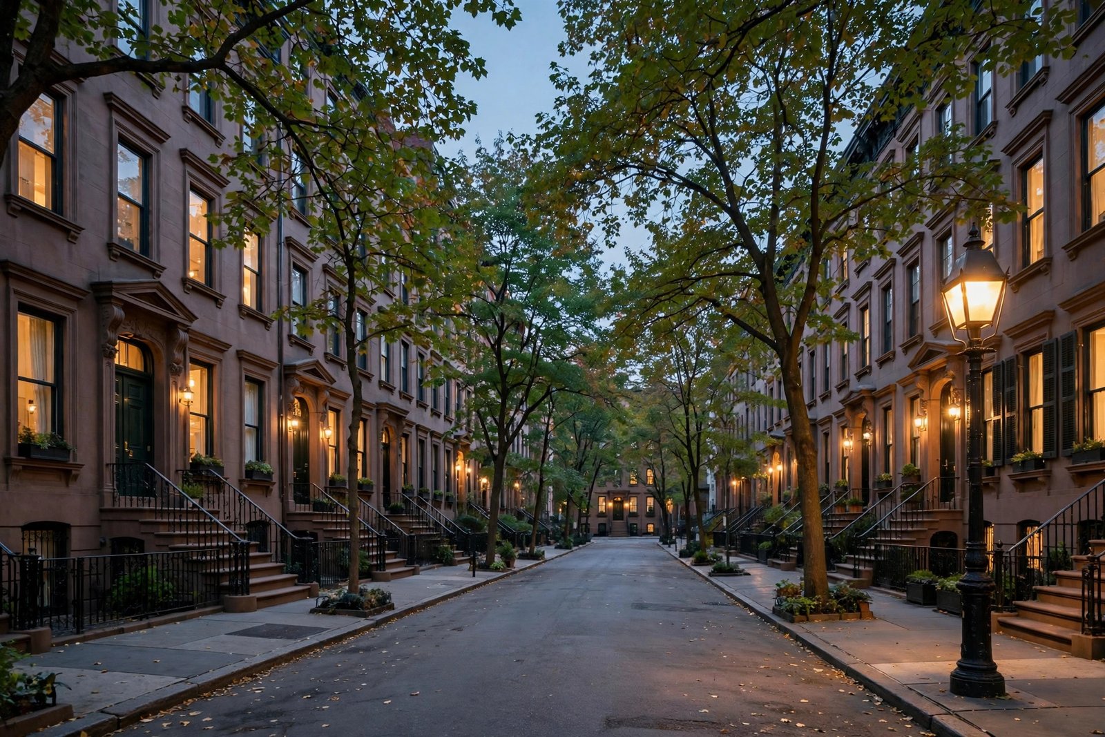 Quiet West Village street in New York City at dusk, where Marcy Wudarski reportedly lives