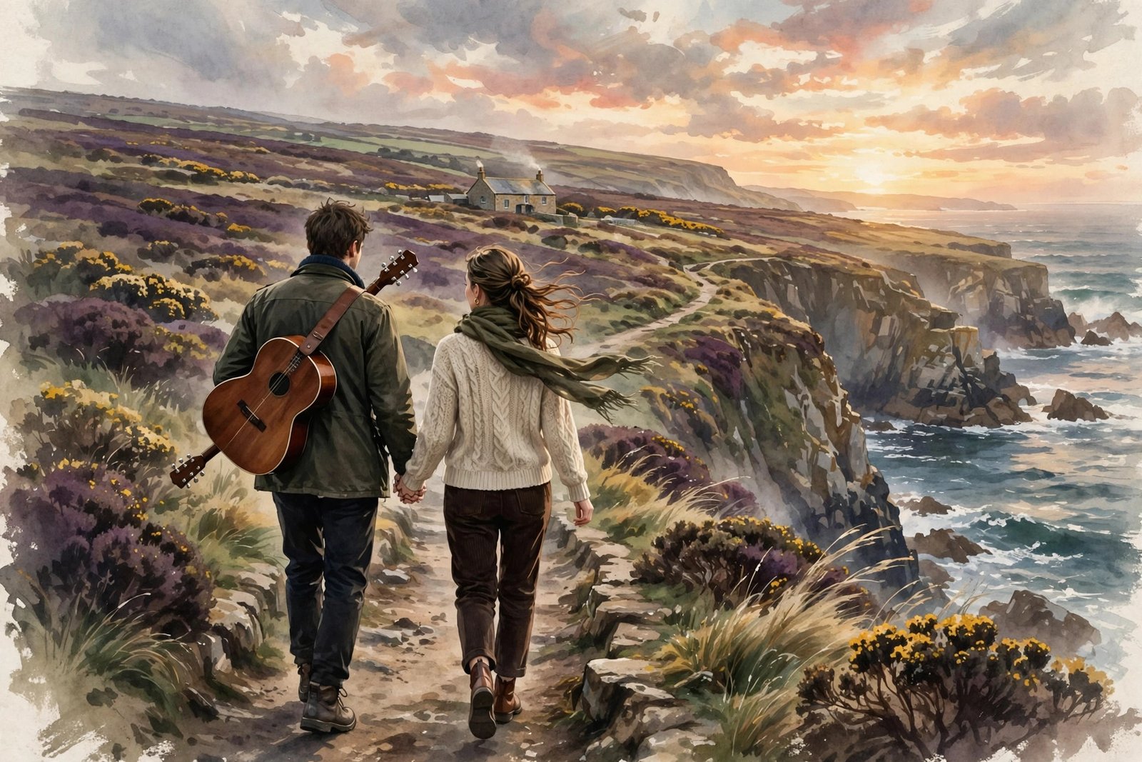 Illustration of Marion Walmsley and her husband walking along the Cornish coast at sunset