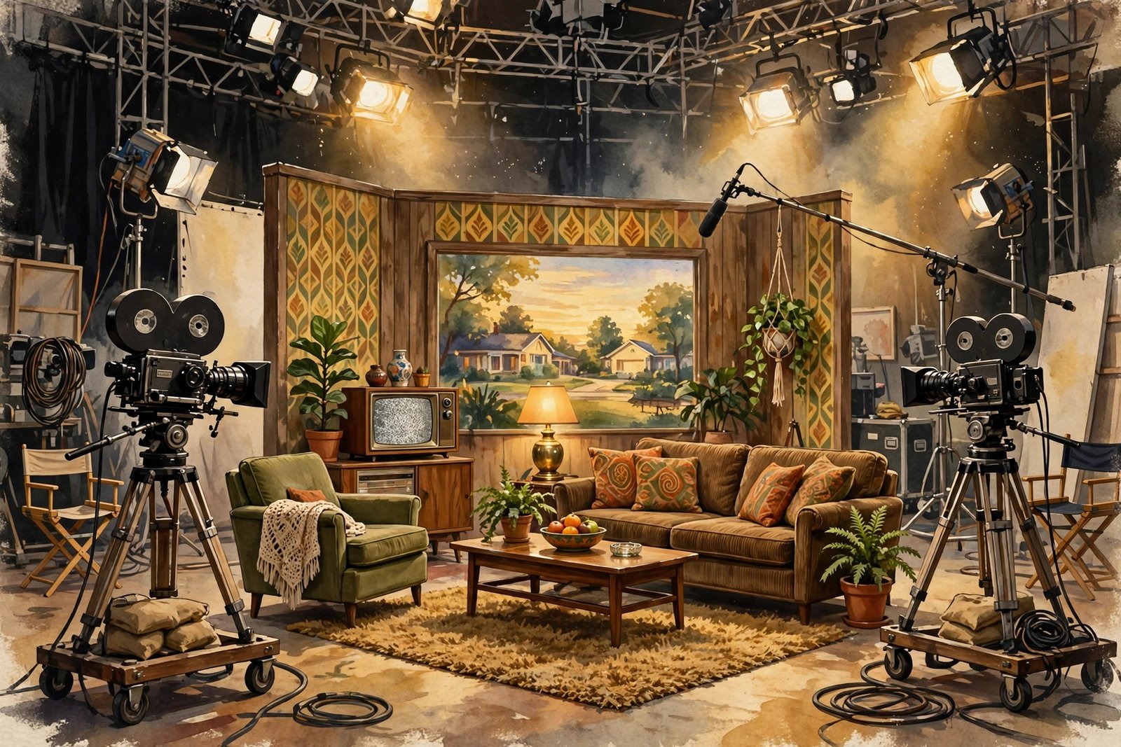 Vintage 1970s television studio set evoking the era of The Waltons