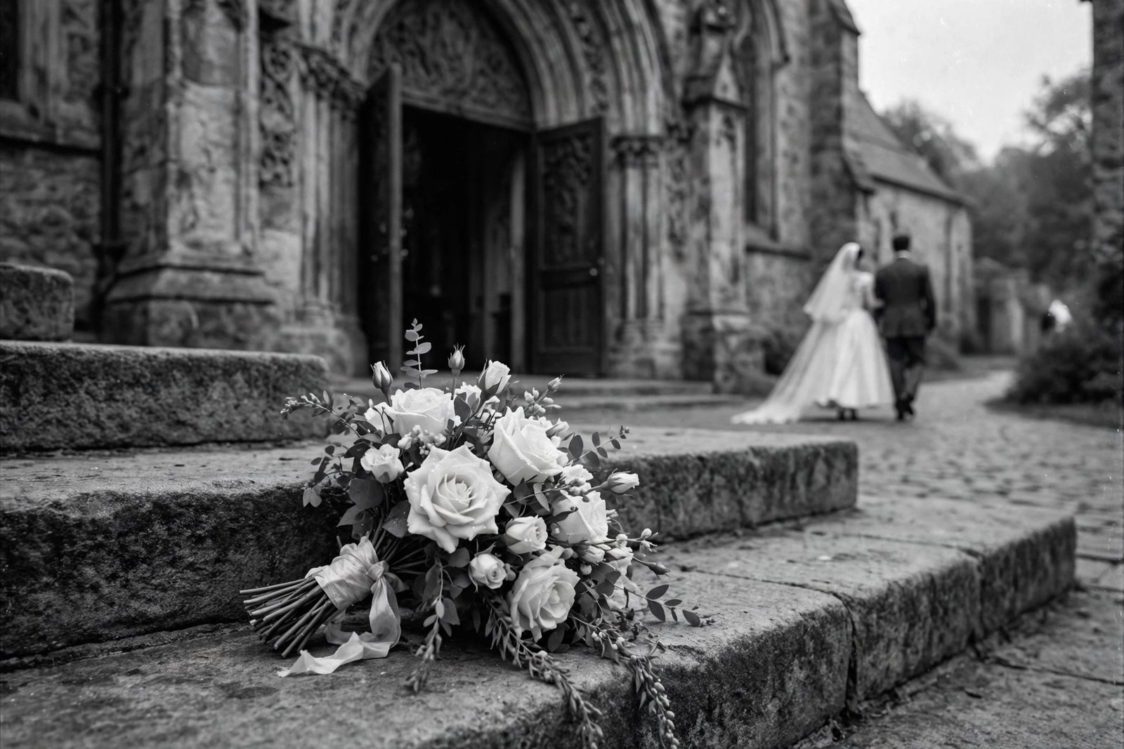 Black and white vintage wedding photo at a historic cathedral, evoking Patricia Beech's 1952 wedding to Tony Bennett