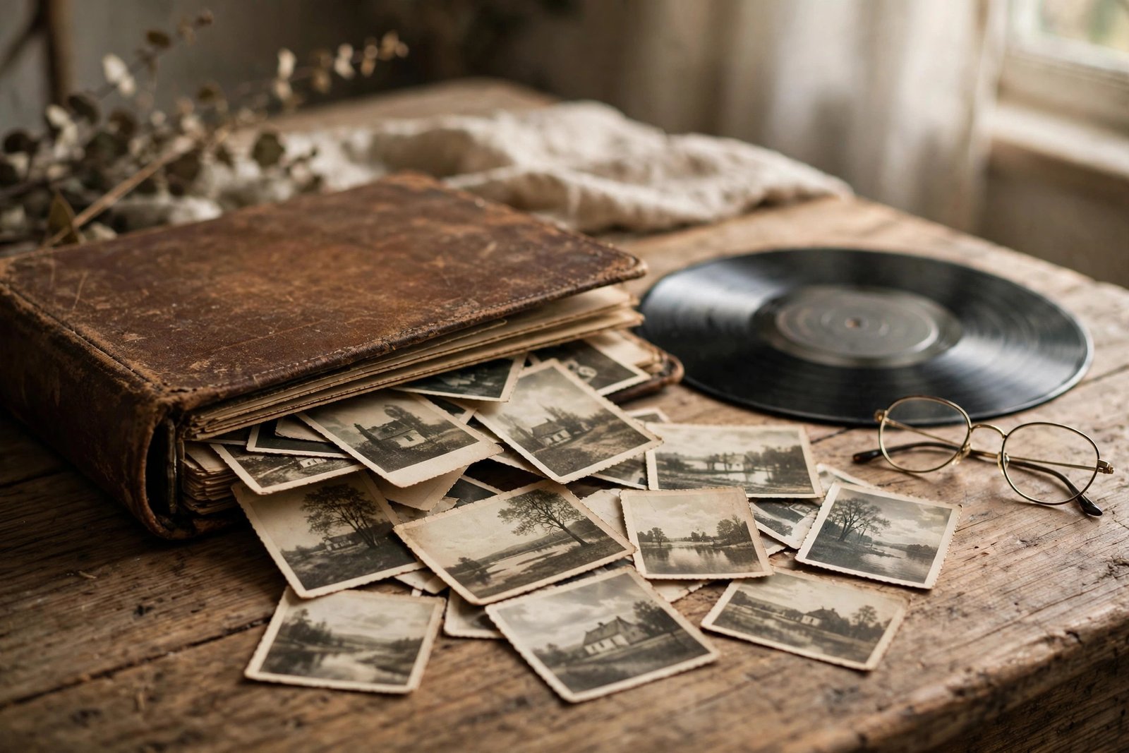 Vintage family photo album and vinyl records on a wooden table, symbolizing the private family life of Patricia Beech