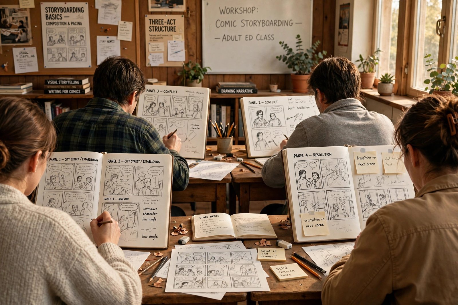 Illustrated comic pages and ink sketches on a desk, representing Saiya Miller's sex education comic book project