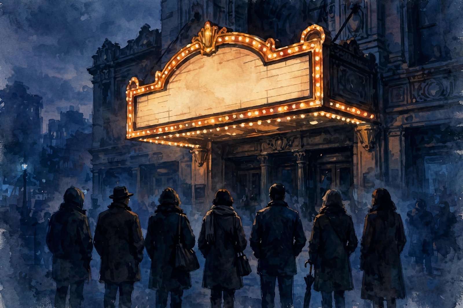 Glowing theater marquee at dusk behind silhouetted figures, symbolizing the contrast between fame and privacy