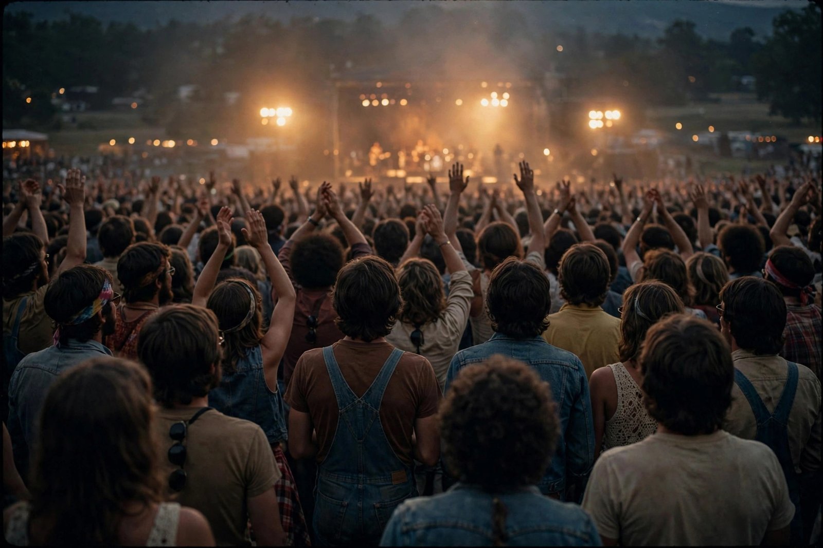 1970s outdoor rock concert crowd under warm stage lights