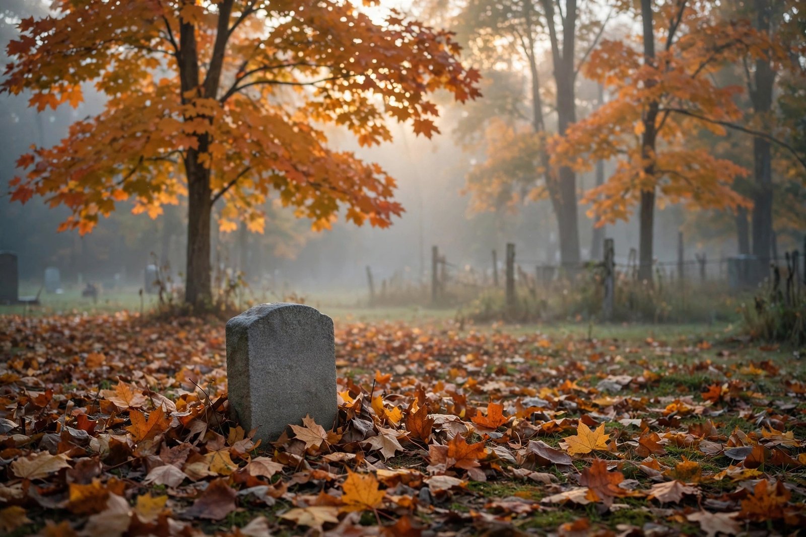 Stone grave marker among autumn leaves in a misty Michigan cemetery at dawn