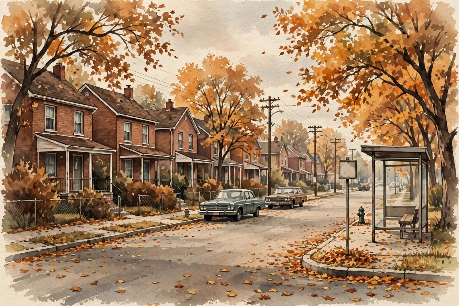 Illustration of a modest 1960s working class street in New Jersey with brick houses and autumn trees