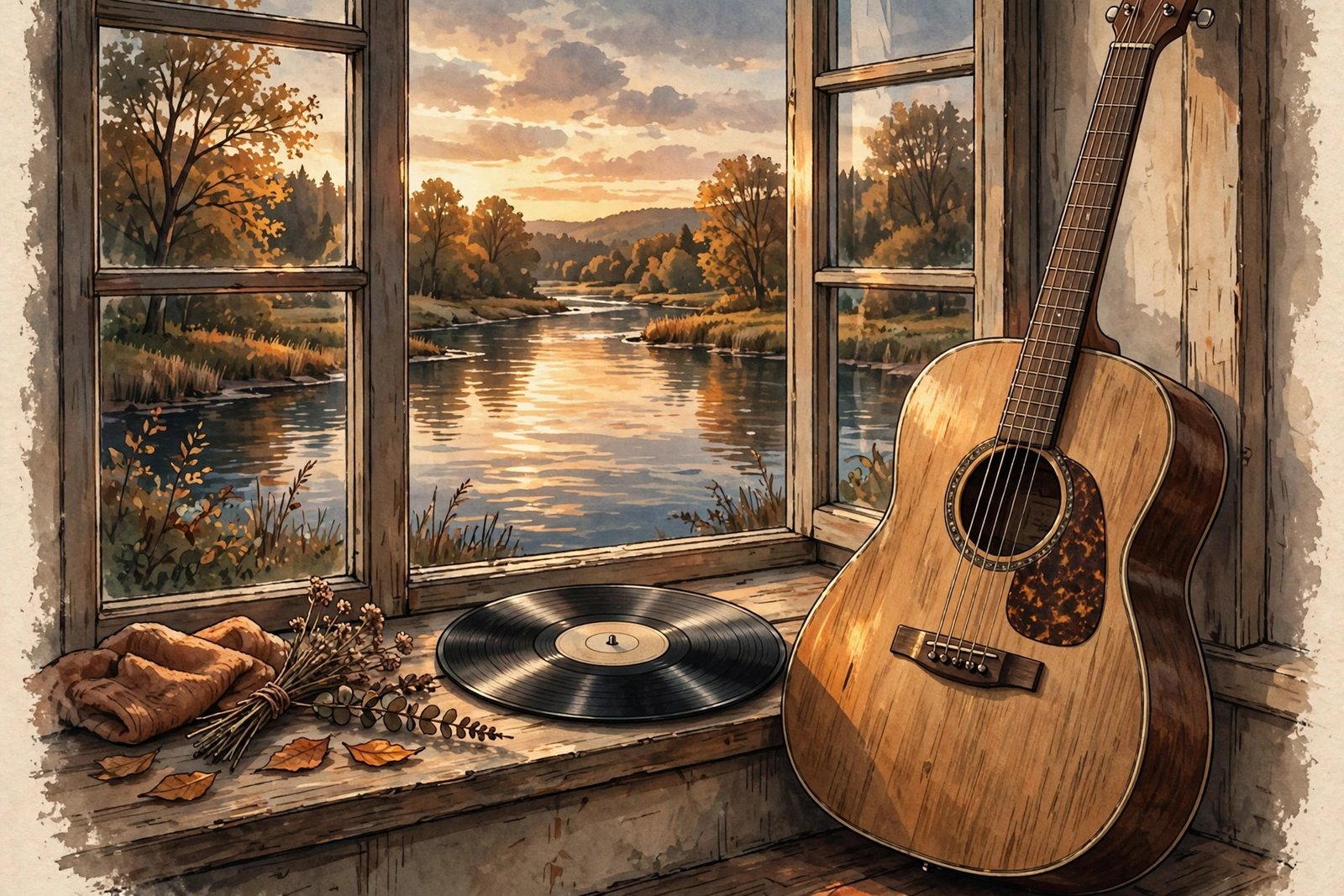 Illustration of a vinyl record and acoustic guitar beside a window overlooking a river at dusk