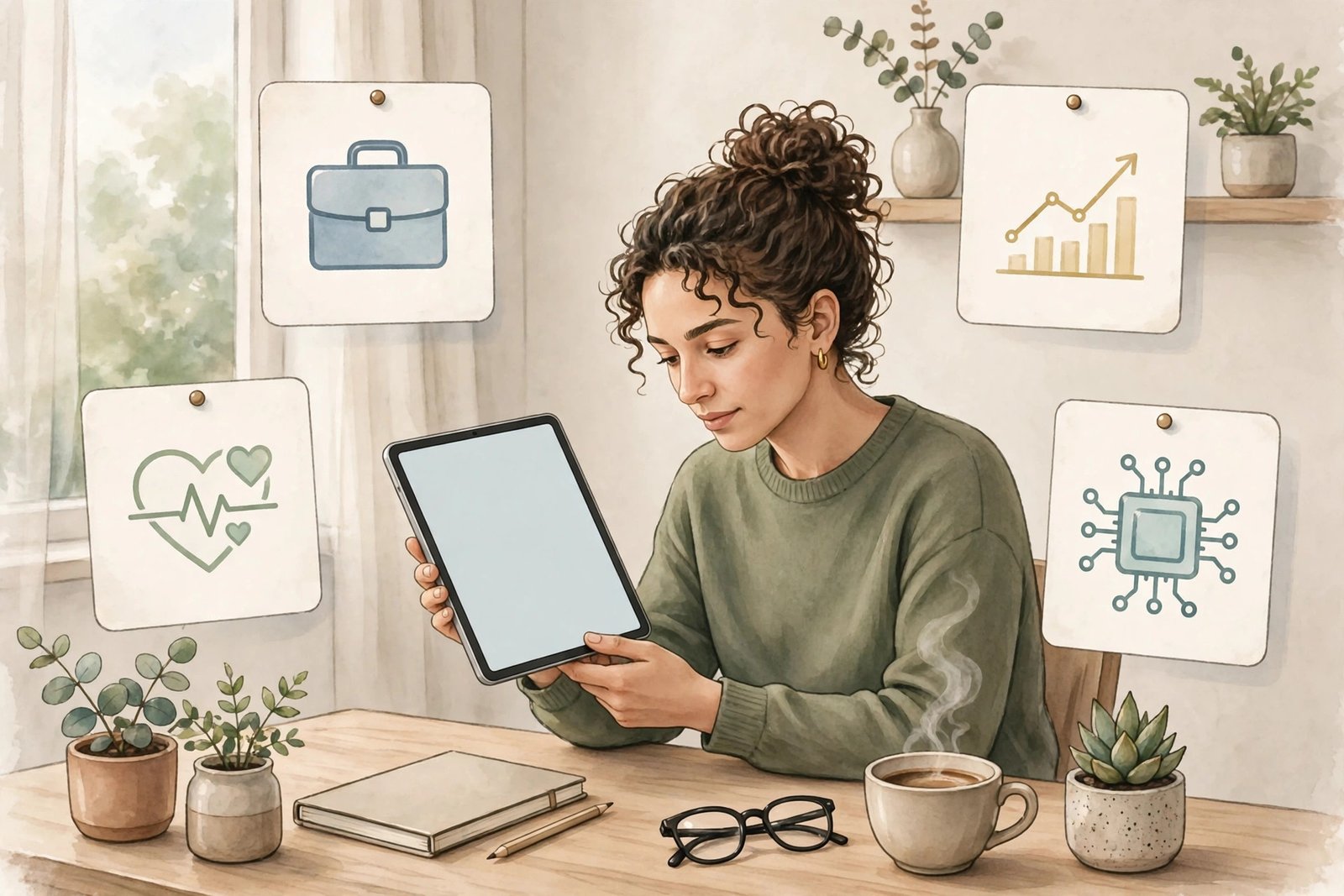 A reader browsing organized article topics on a tablet, including business, finance, health, and technology