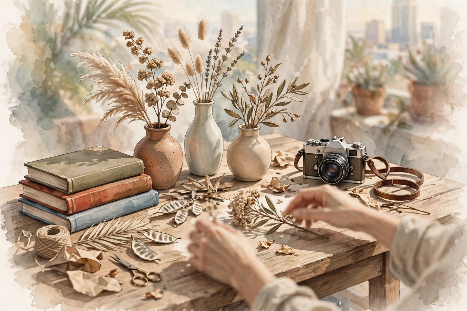Illustration of a prop stylist workspace with vases, books, dried flowers, and a camera arranged on a table