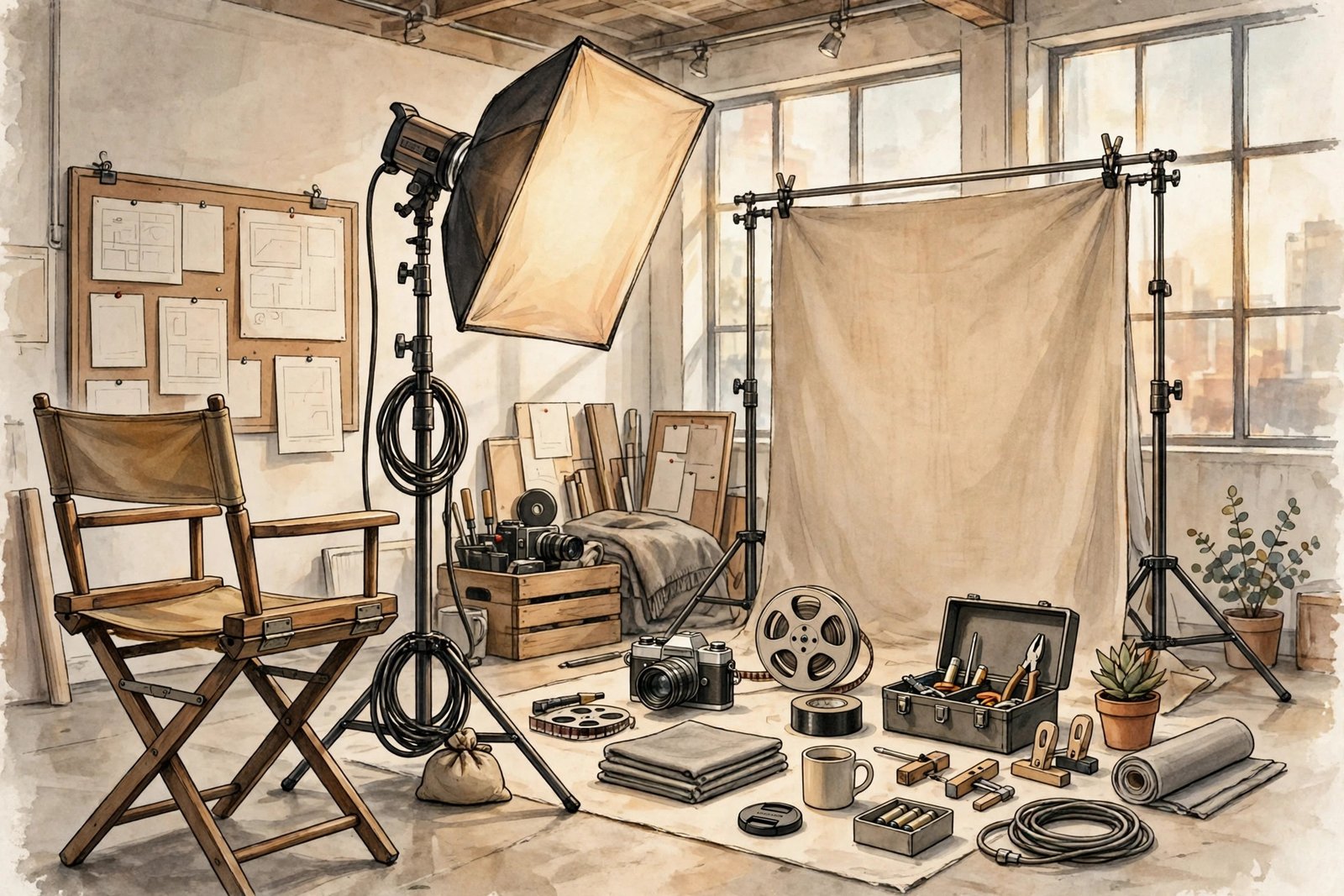 Illustration of a bright film studio being prepared with a director chair, lighting stand, backdrop, and arranged props
