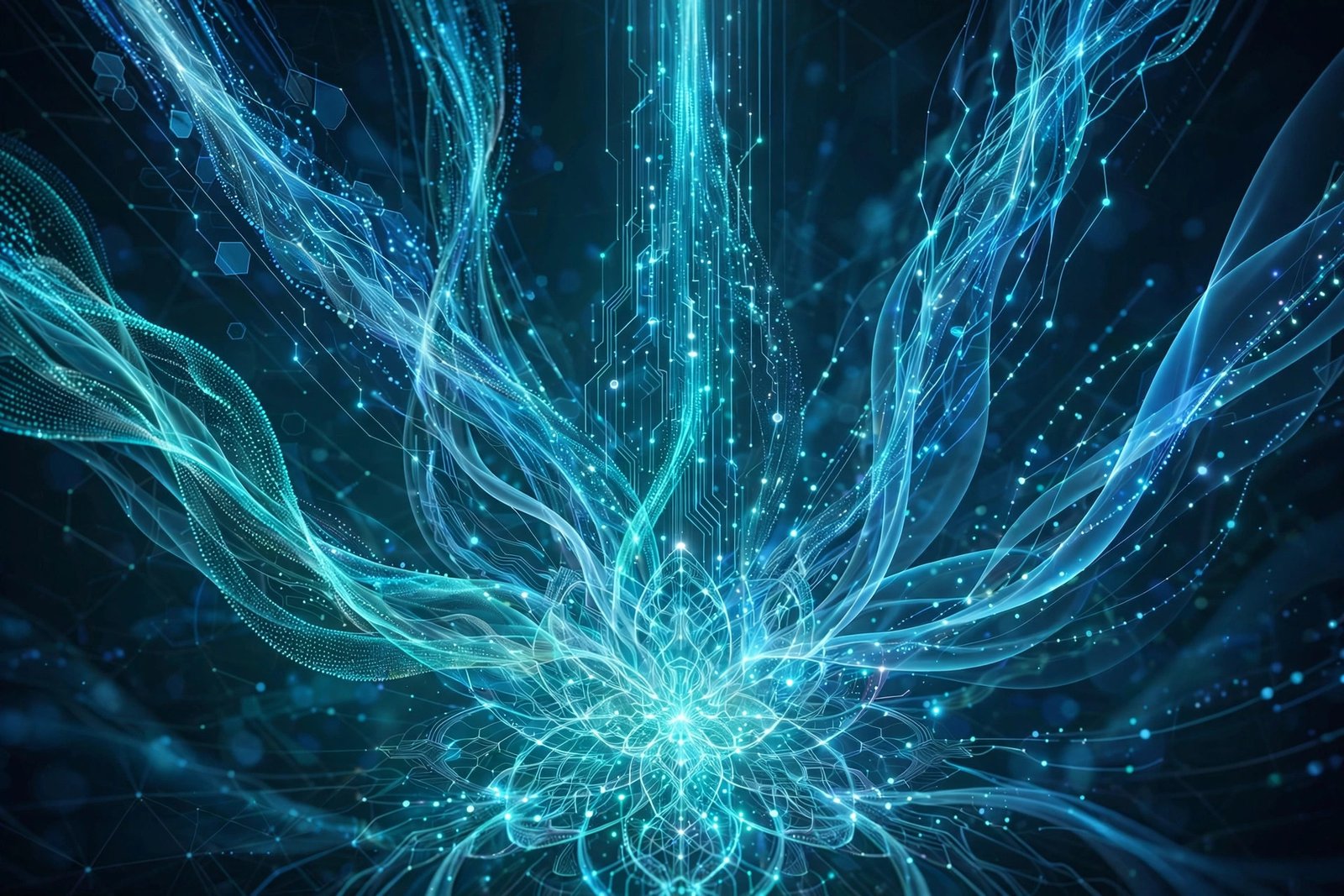 Abstract visualization of data streams flowing together and merging into a single organized system