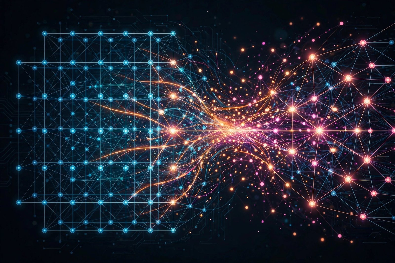 Illustration of a neural network style diagram blending new data points into an established structure