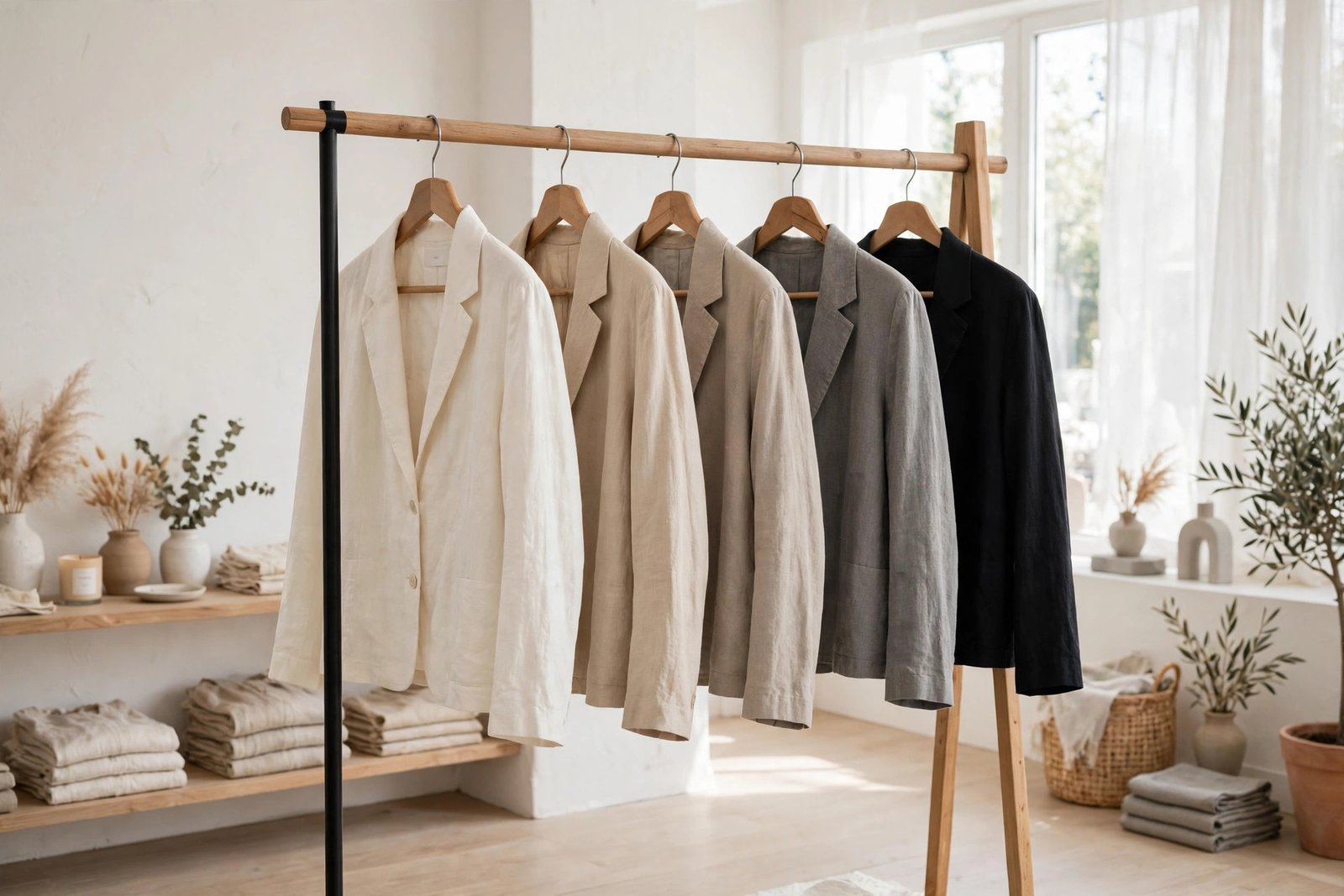 A clothing rack with relaxed-fit blazertjes in cream, sand, grey and black tones