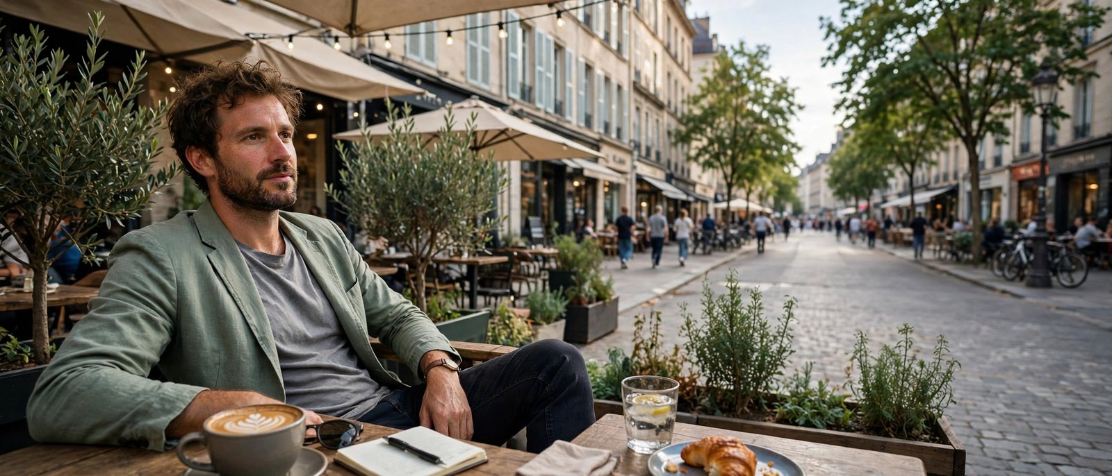A man wearing an open-front unstructured sage green blazertje over a t-shirt and jeans at an outdoor cafe
