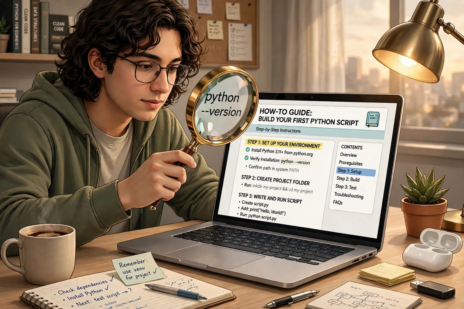 Student reading a digitaledge.org style step-by-step guide on a laptop with a magnifying glass