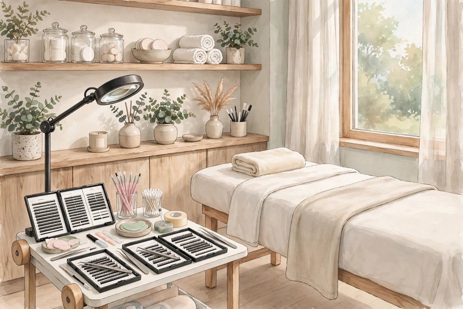 Illustration of a bright modern beauty studio with eyelash extension tools and a treatment bed