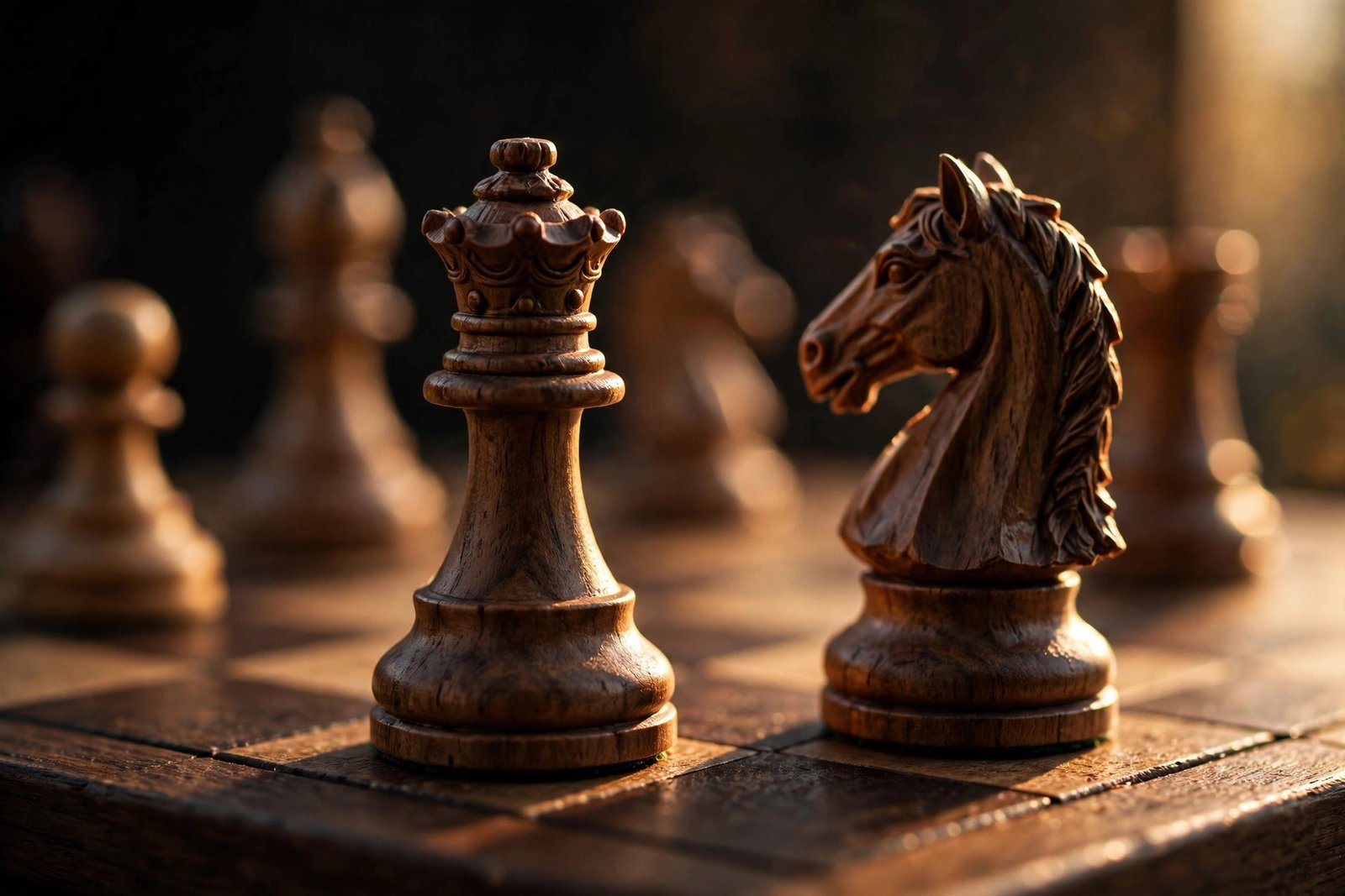 Close-up of a chessboard mid-game, reflecting Gia Olimp's chess career