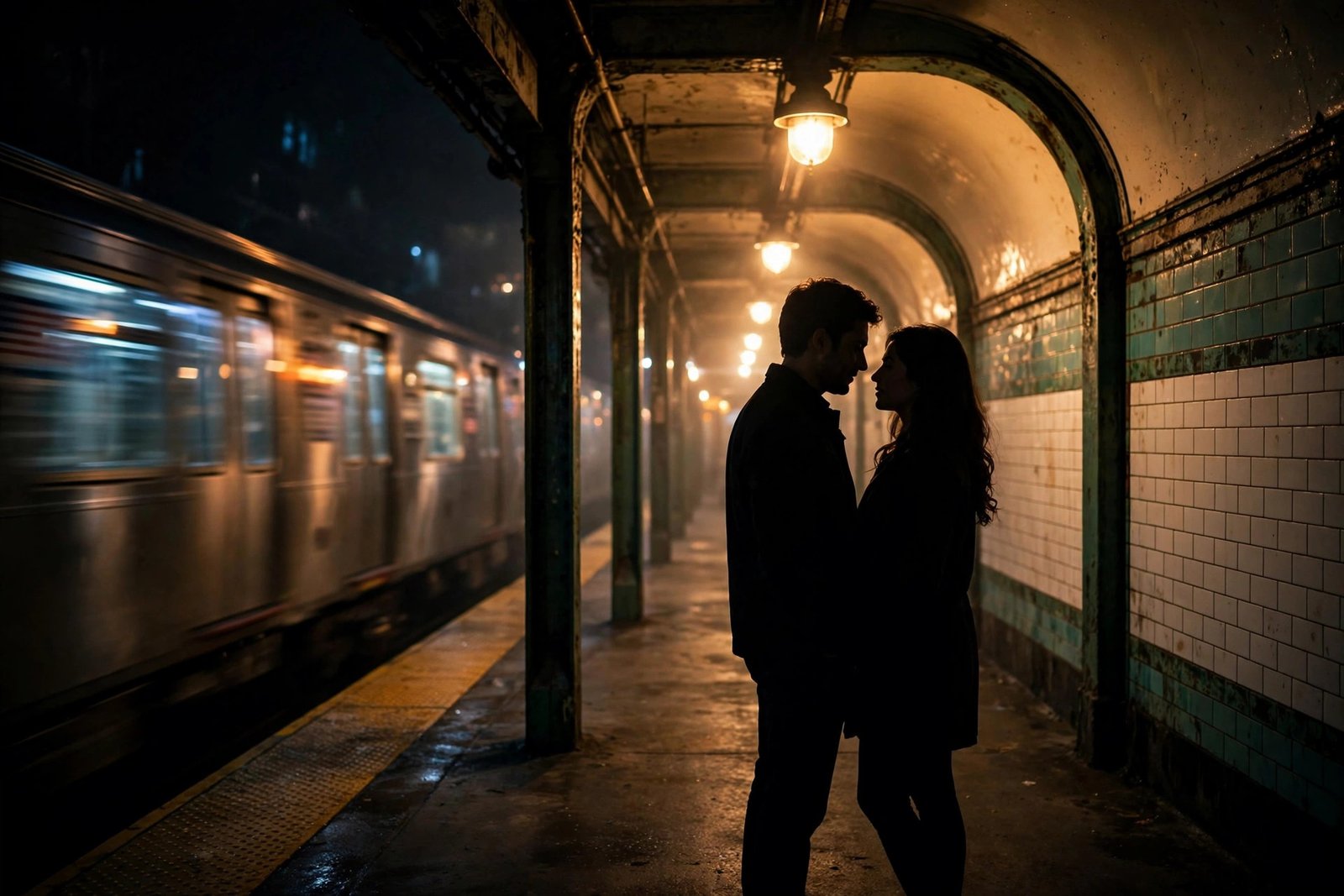 A nearly empty New York City subway platform at night, where Gia Olimp and Anthony Carrigan reportedly first met