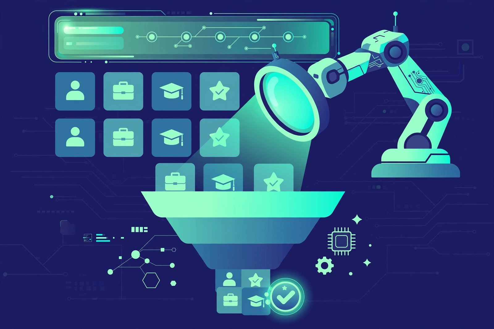 AI-powered talent acquisition: digital interface sorting candidate resumes with hiring stage funnel