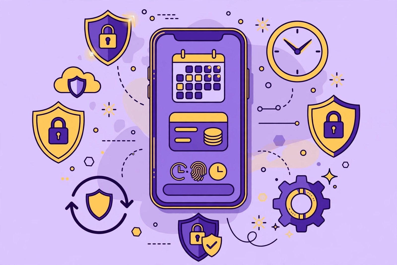 Employee self-service portal on a smartphone with calendar, payroll card, and security shields around it