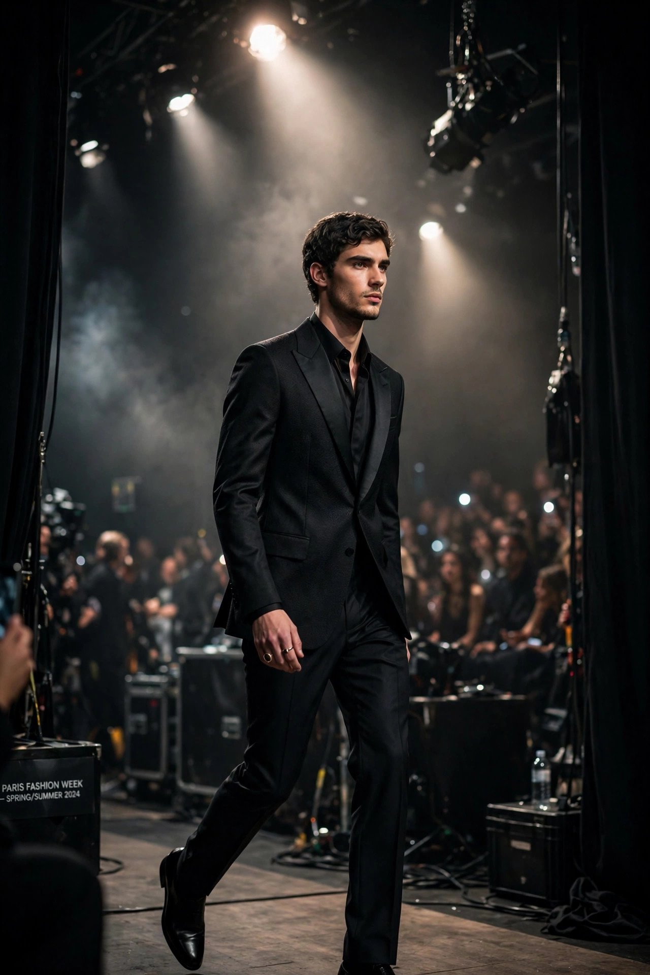 Male fashion model walking the runway during a high-end fashion show, illustrating Jason Schanne's modeling career
