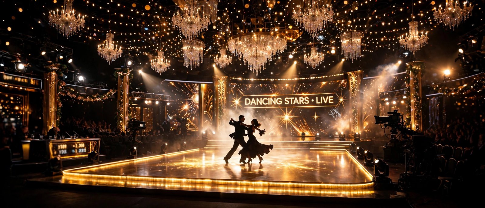 Glittering ballroom dance stage with sparkling lights, evoking Strictly Come Dancing where Bruno Tonioli judges